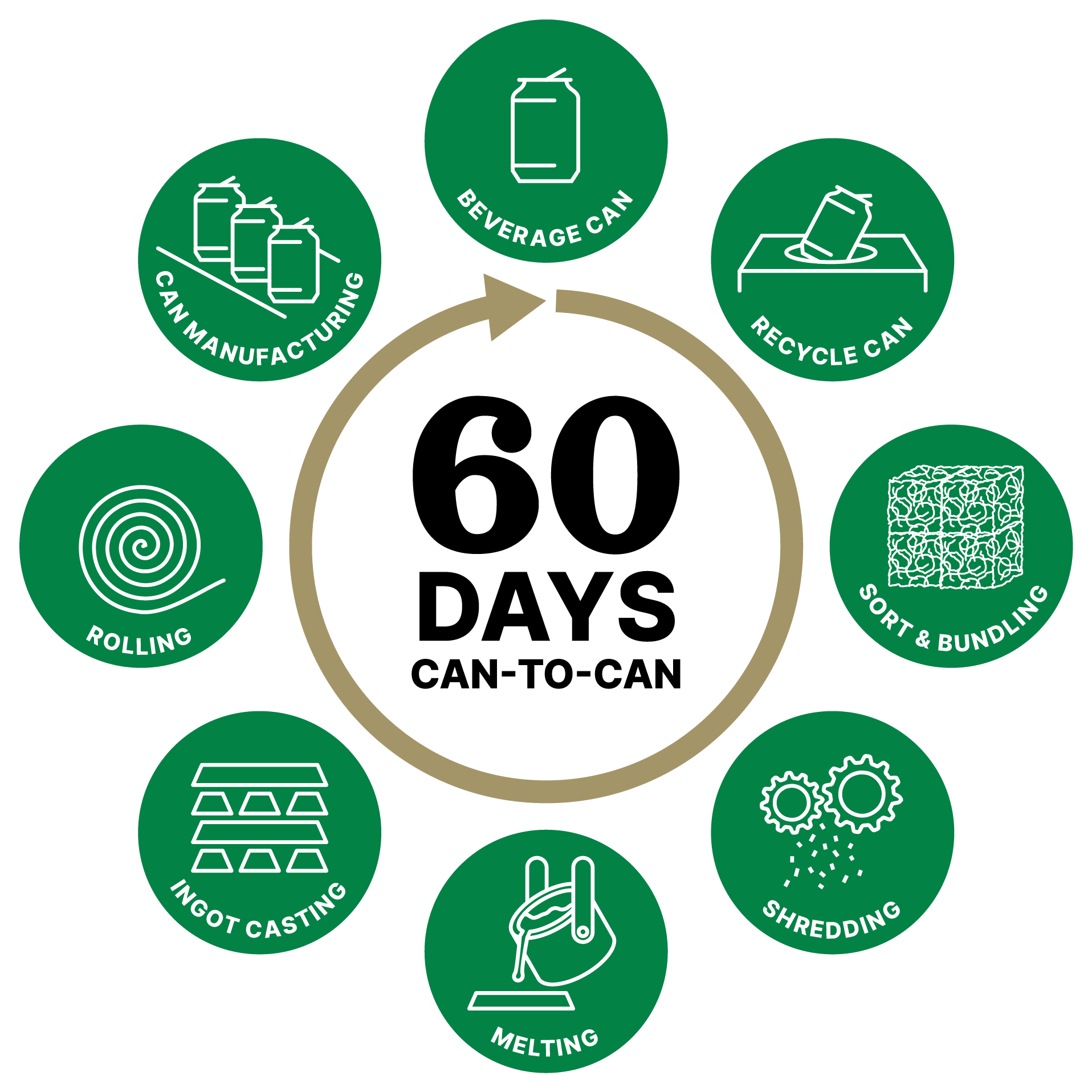 Graphic showing how a can gets recycled into a new can in 60 days with 8 steps