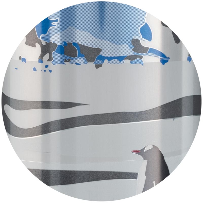 Can detail of bright white ink, showing a blue iceberg, black and white stripes, and a penguin