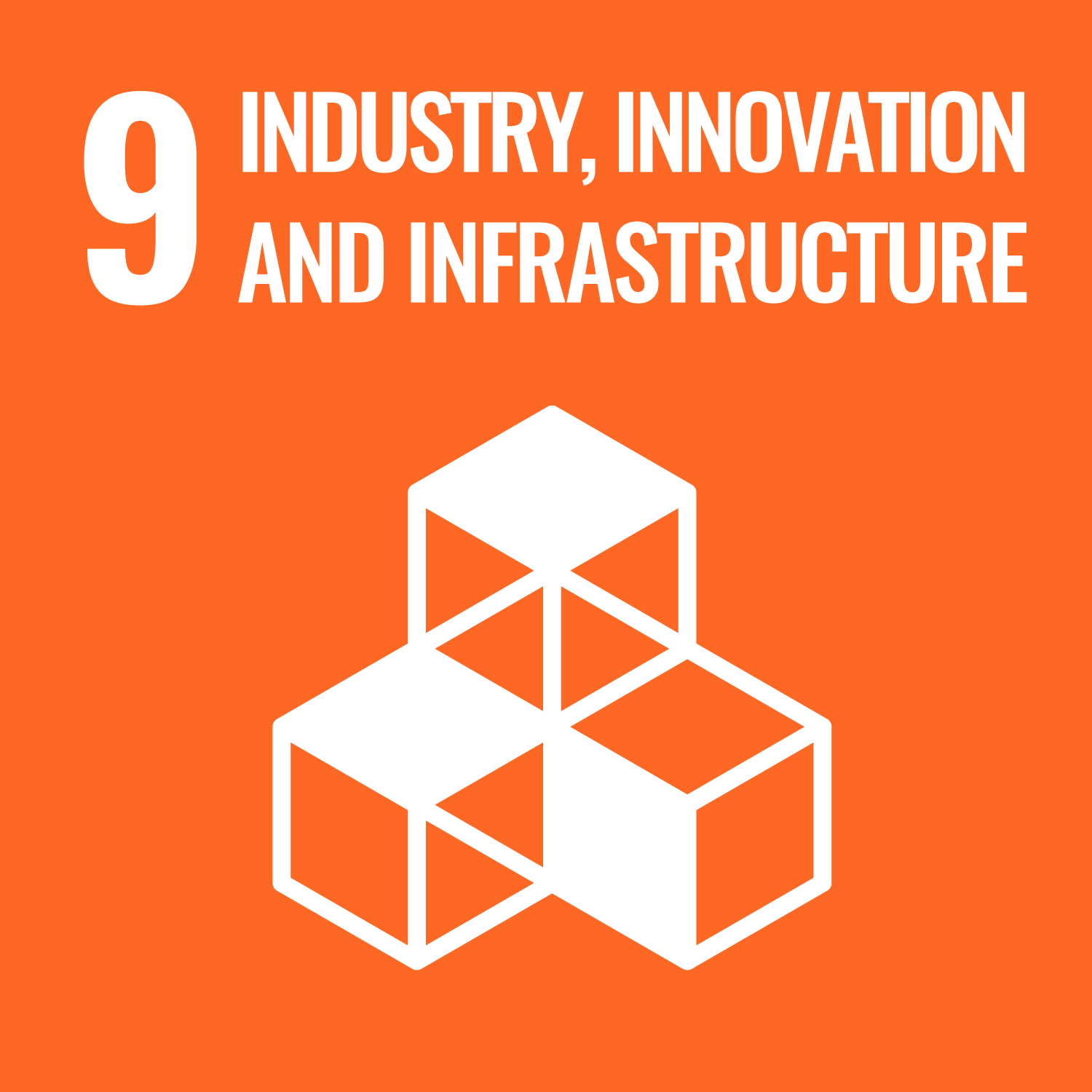 An icon for UN SDG #9 - Industry, Innovation and Infrastructure. It depicts three boxes stacked on top of each other against an orange background.  