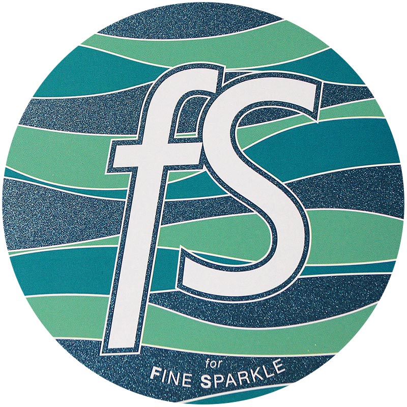 A fine sparkle surface with a big lowercase &quot;f&quot; next to a big upper case &quot;L&quot; with a decorative blue and green wave pattern behind the letters.
