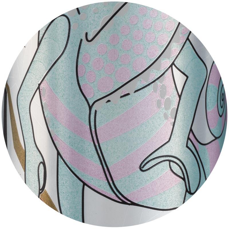 A chameleon on a can with blue background and purple stripes