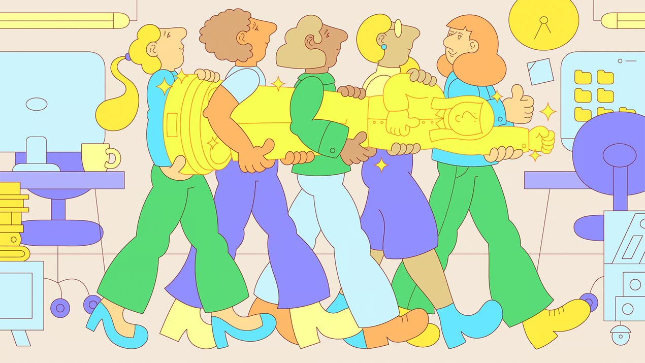 Bright green, yellow, blues, purples, illustrative file of 5 individuals carrying horizontally a large award in the shape of a women