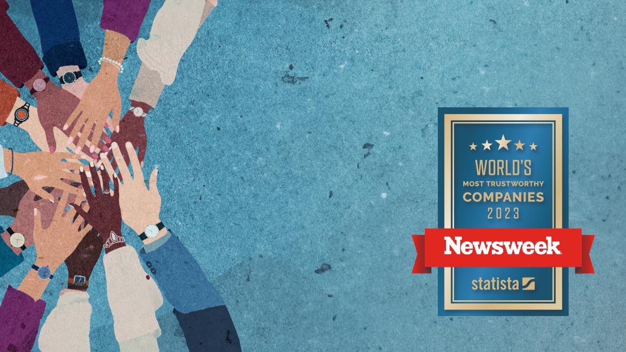 Diverse group of hands in illustrative design with cover of Newsweek Most Trusted Company