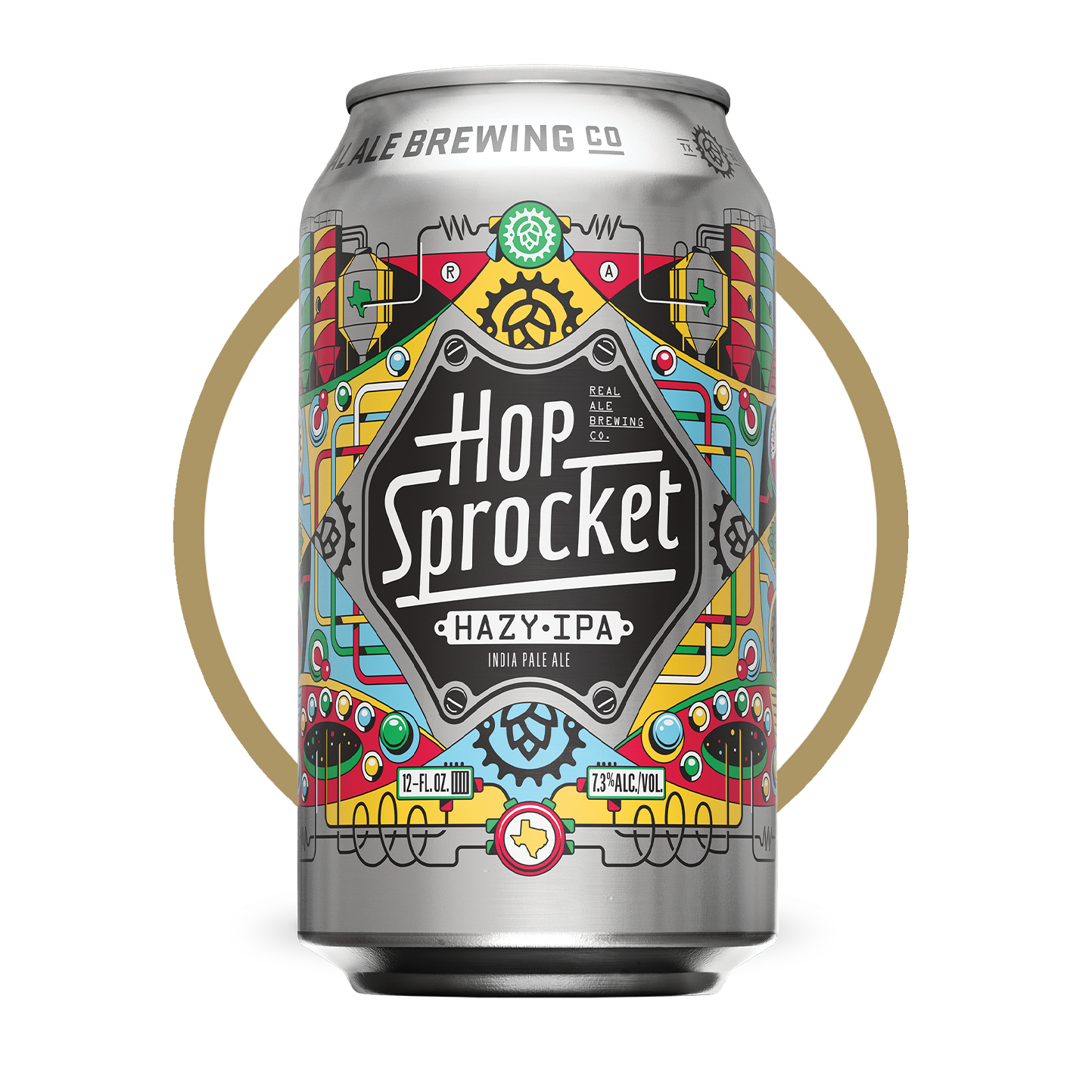 Very ornate aluminum can with bold reds, yellow, light blues. Can has Hop Sprocket Hazy IPA in the center.