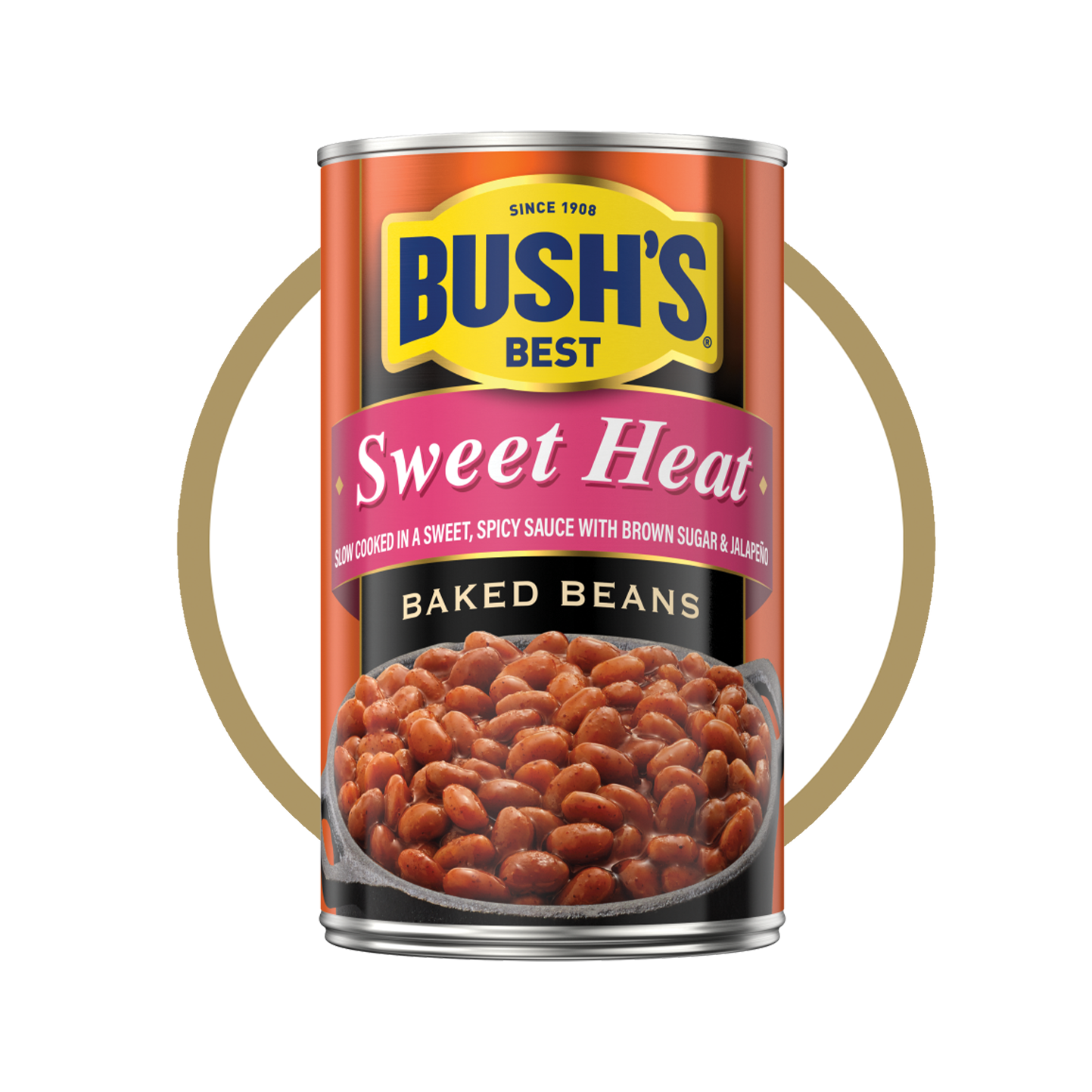 A can of Bush’s Best Sweet Heat Baked Beans, with a red and black label.