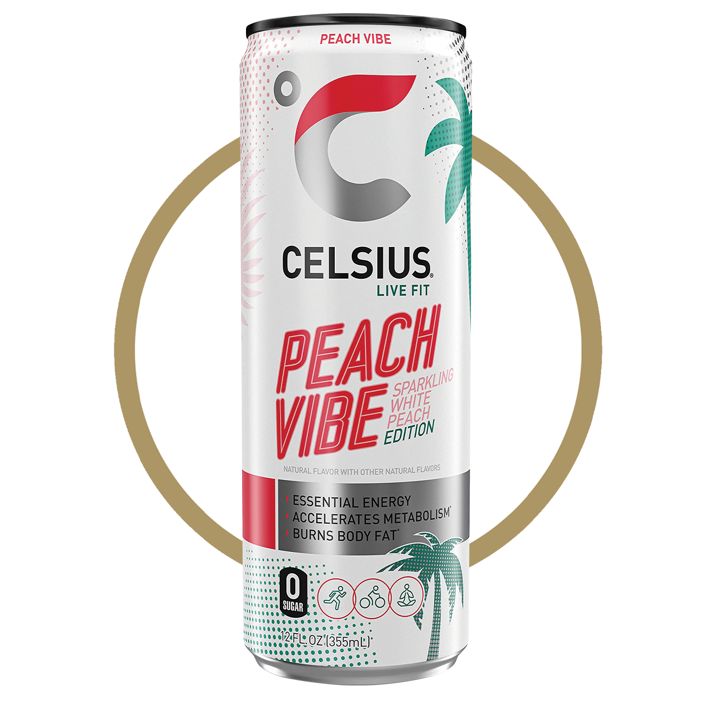 A 12 fl oz (355mL) can of Celsius Peach Vibe, a sparkling white peach energy drink. The can has a sleek white design with red and green accents, featuring the Celsius logo at the top.