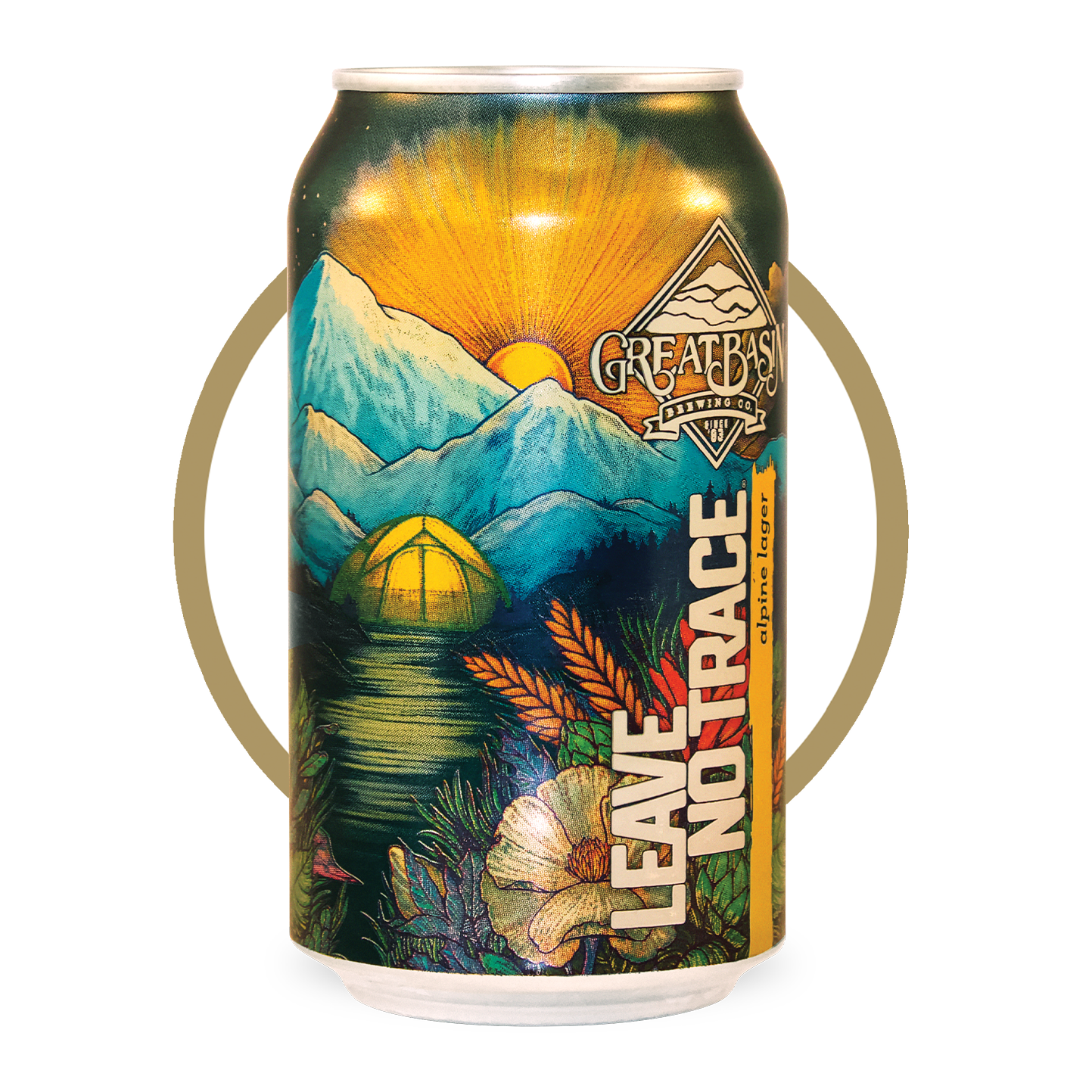 Aluminum can with graphic of sunset over snowy mountain backdrop and flowers