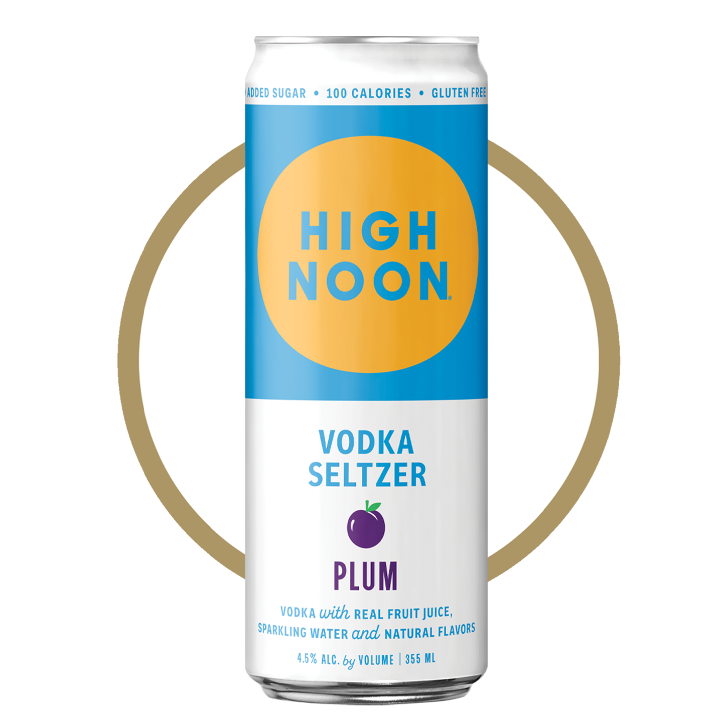 A can of High Noon Vodka Seltzer in Plum flavor. The can features a blue and white design with a large yellow circle in the center displaying the brand name 'High Noon' in bold, uppercase letters.