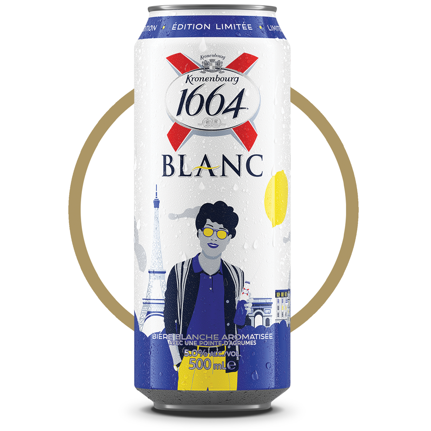 aluminum can by Kronenbourg 1664 with limited edition Blanc can design with a person in sunglasses and a jacket