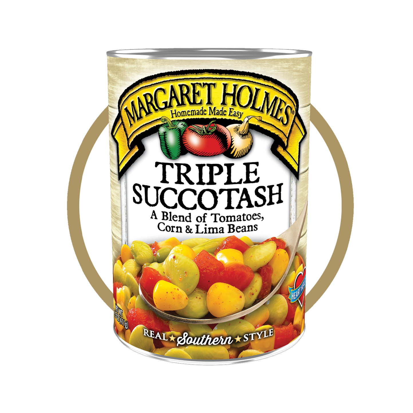 A can of Margaret Holmes Triple Succotash, featuring a yellow and black label with an image of a mix of tomatoes, corn, and lima beans.