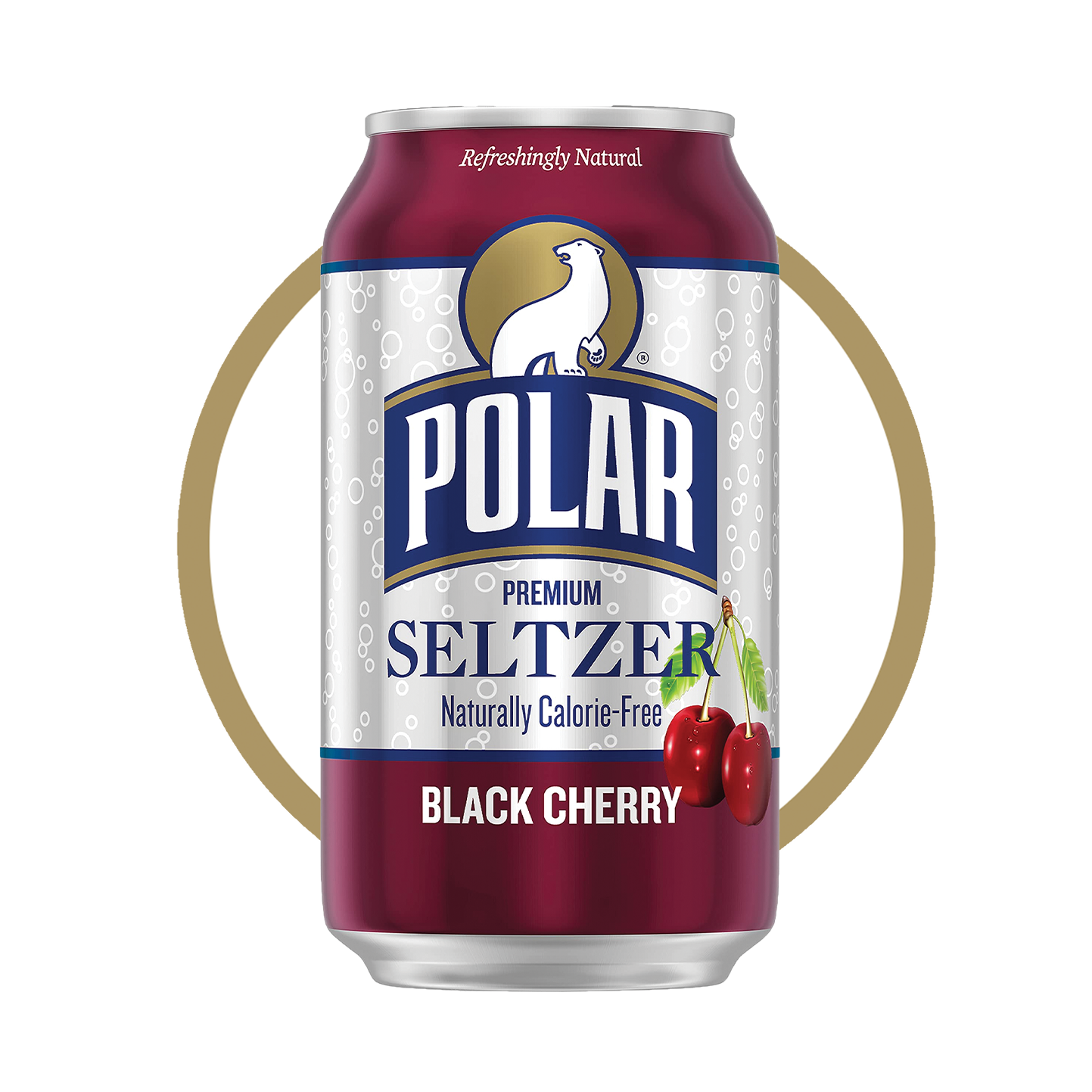 A can of Polar Premium Seltzer in the Black Cherry flavor. The can features a maroon and silver color scheme with a logo of a polar bear in a gold circle at the top.
