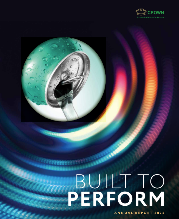 "Built to perform, Annual Report 2024" is written across the cover with focus of aluminum can through a colorful cylinder object