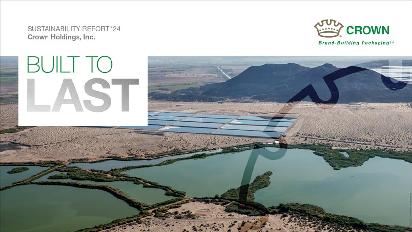 The page features the title "BUILT TO LAST" in bold lettering with "BUILT TO" in green and "LAST" in metallic silver. A large overhead image of a desert landscape with green bodies of water and rectangular water basins is shown in the background, with distant mountains on the horizon.