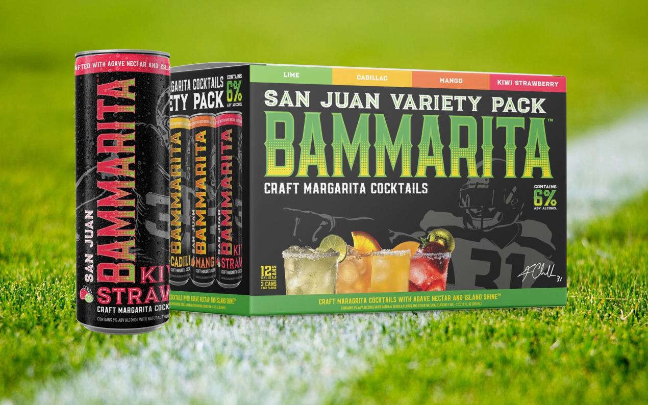 Bammarita RTD craft margarita packaging showcasing lime, cadillac, mango and kiwi strawberry varieties.