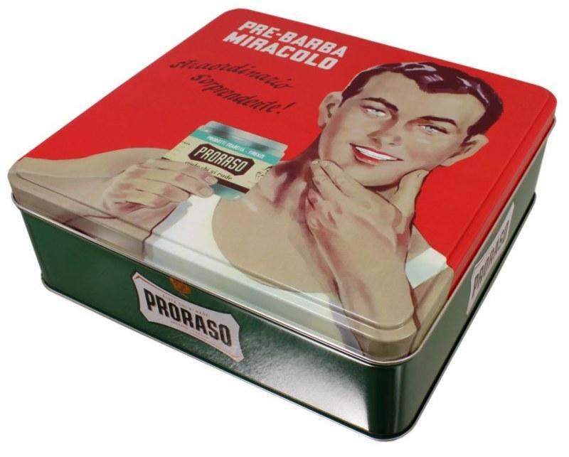 Square tin with a picture of a man holding his chin