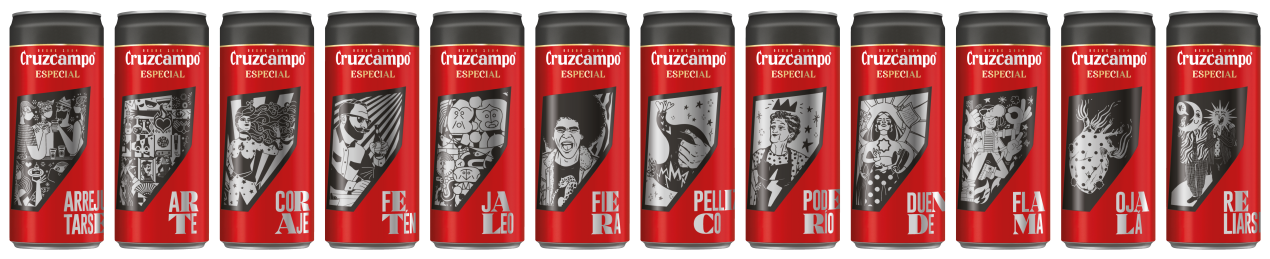 Twelve Cruzcamp Especial cans each with a different black and silver picture.