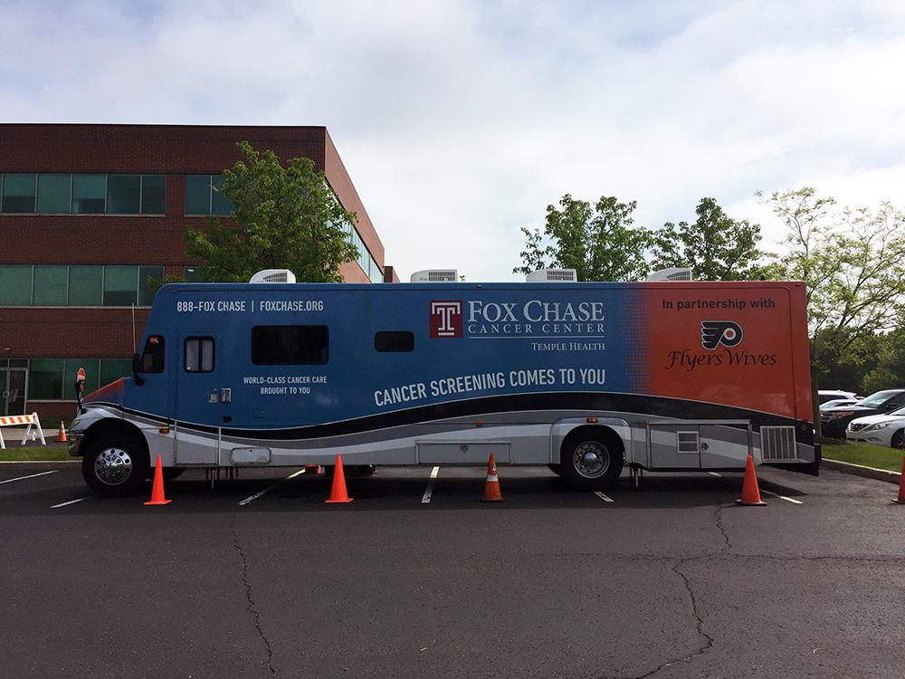 Picture of mobile breast cancer screening facility in a parking lot