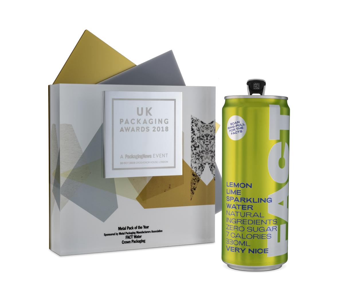 Lime green soda can next to UK Packaging Award