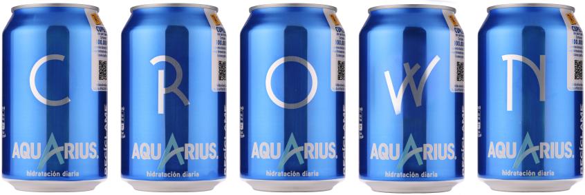 Several blue aluminum beverage cans. Each can has a letter on the front, spelling out the word "CROWN" together.