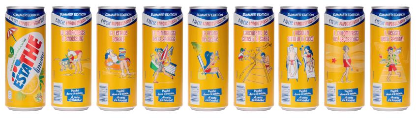 Estathe summer edition limon cans (9 total), 8 of which are each showing a beach type activity (snorkeling, reading, selfie, tanning, eating, castle building)
