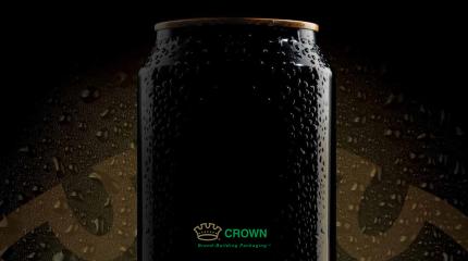 Cover of streaming presentation with black can in moody dark background with parts of the crown logo in a lighter brown in the background